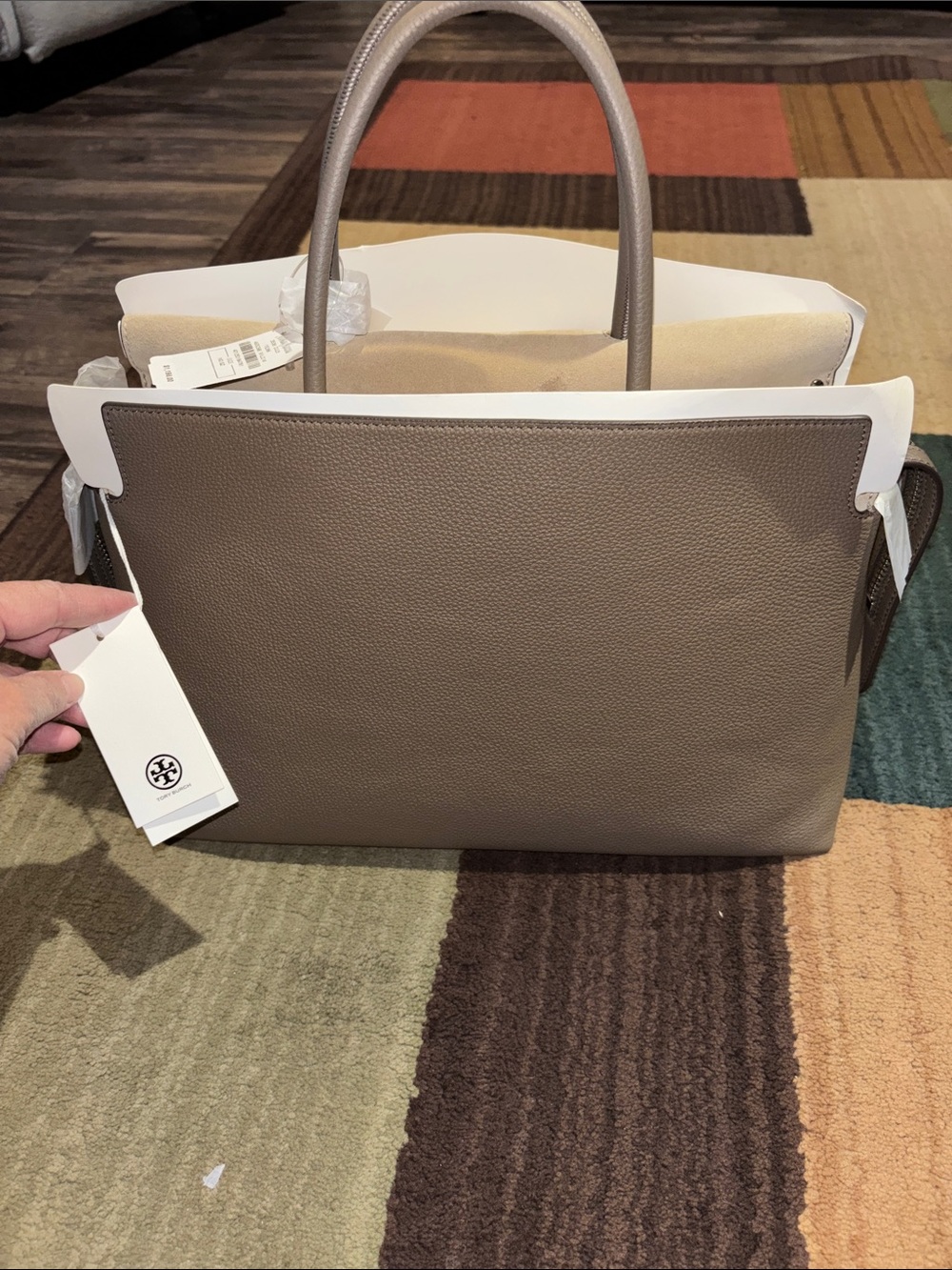 Tory Burch Mercer large Taupe Leather Tote Bag